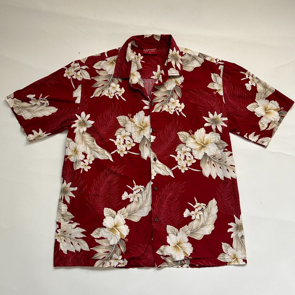 Lavahut Hawaiian Shirt Mens XL Red White Floral Cotton Camp Shirt Made in Hawaii
